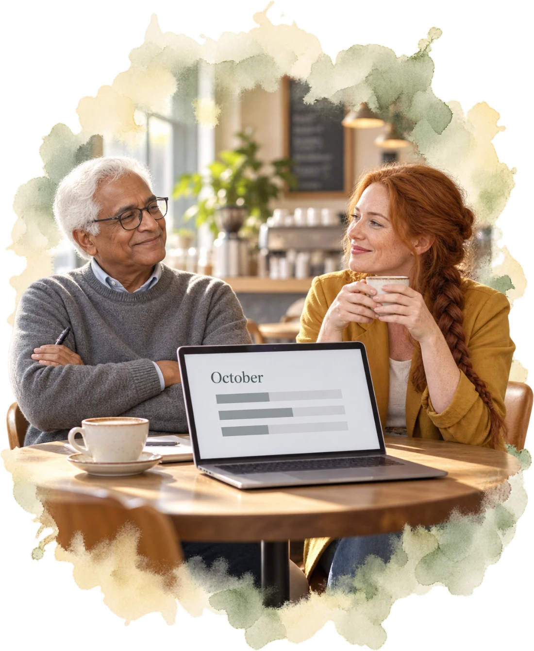 A studio owner and accountant looking over a report together.