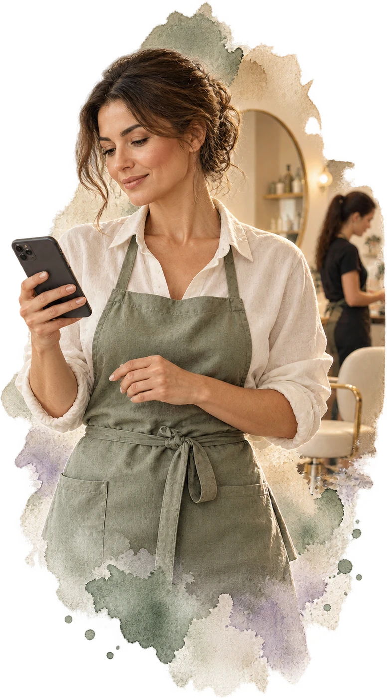 A studio professional calmly checking her phone between appointments.