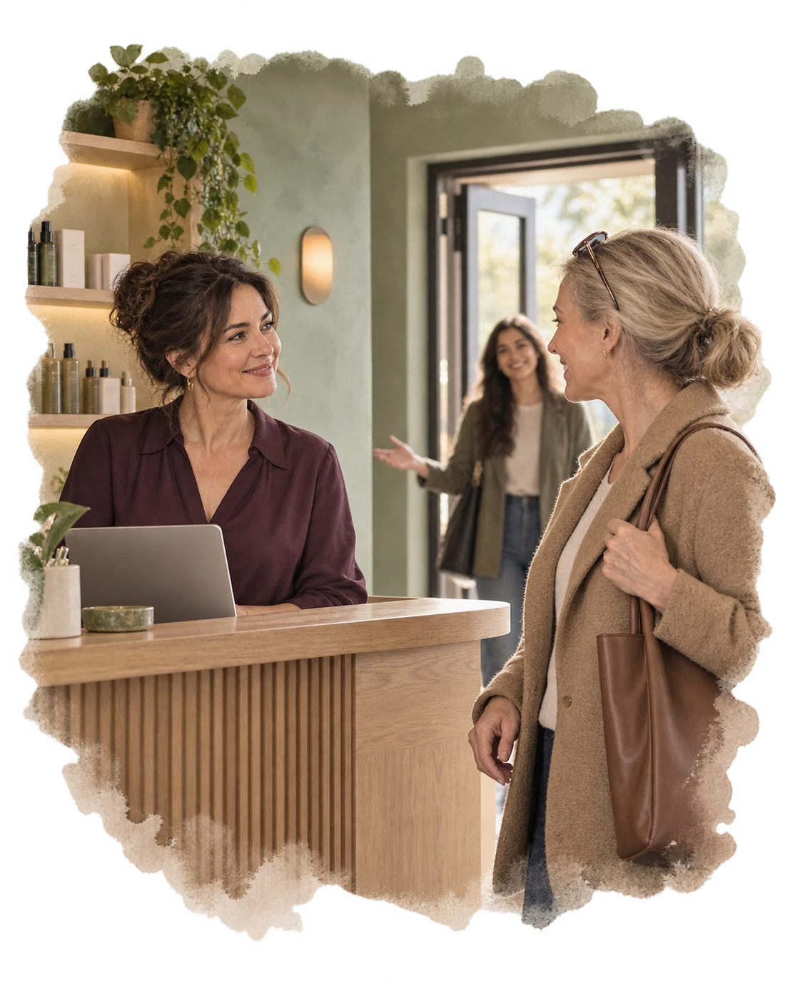 A warm welcome between a client and a beauty professional