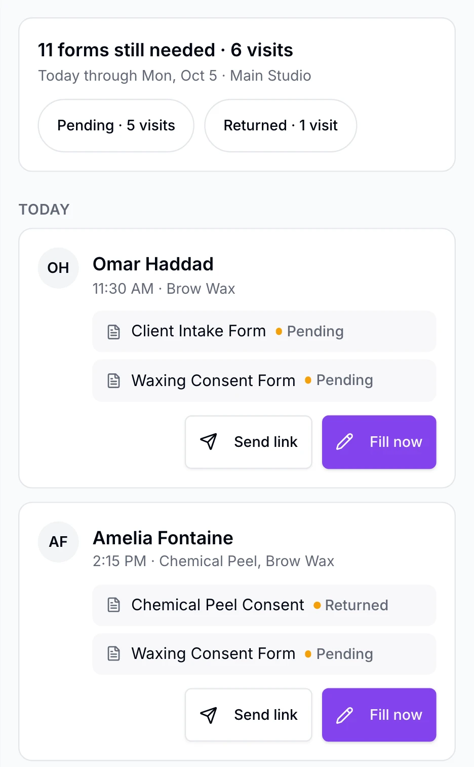The staff Forms queue groups visits with pending or returned forms and provides Send link and Fill now actions beside each visit.