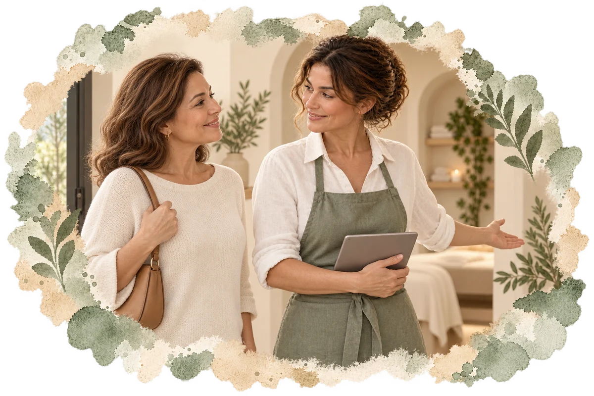The studio provider welcomes a client at the entrance, with a tablet at hand and time for a personal hello.