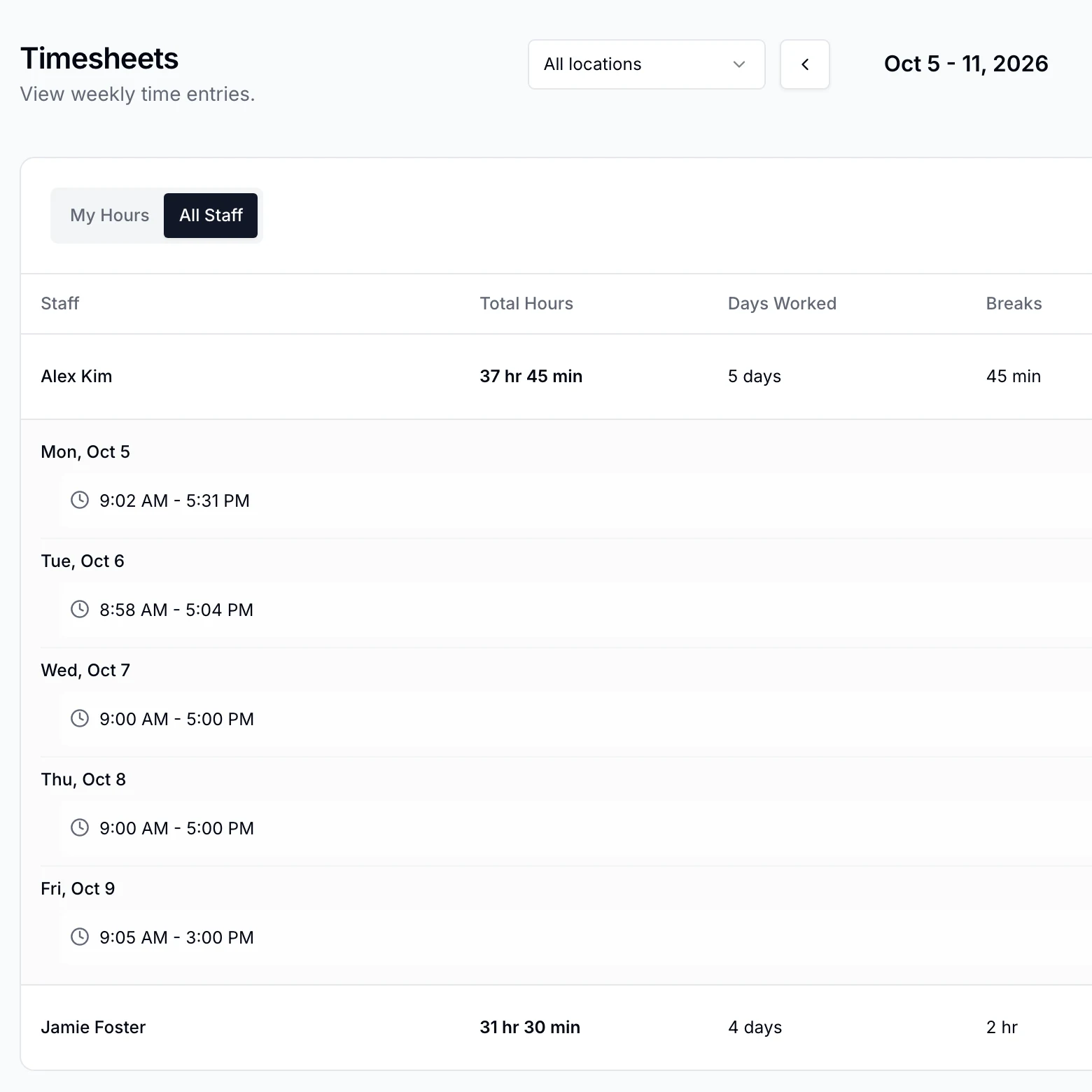 Staff web timesheets showing Alex Kim and Jamie Foster’s recorded week.