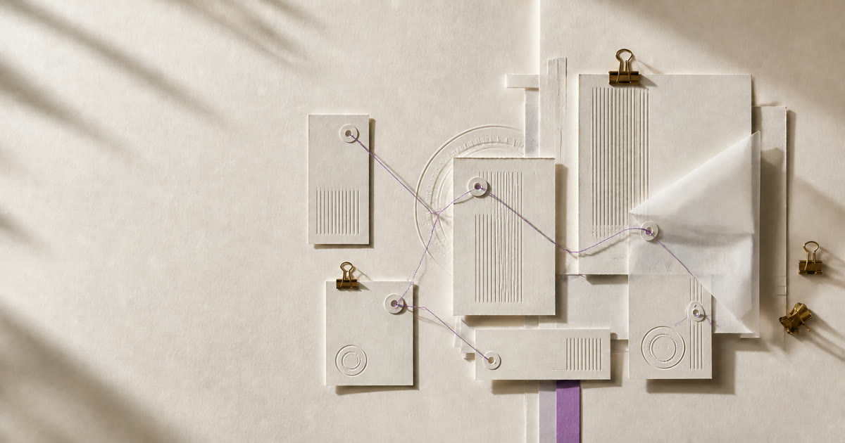 Layered paper records connected by violet thread, representing an evidence-backed operating record